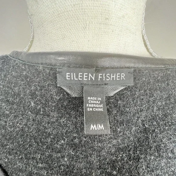 Eileen Fisher Black Leather Wool Zip Up Jacket Size M Moto